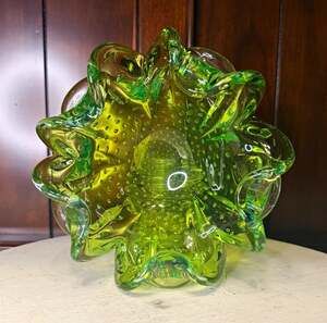 Murano Art Glass Bullicante Green Bubble Candy Dish 7”